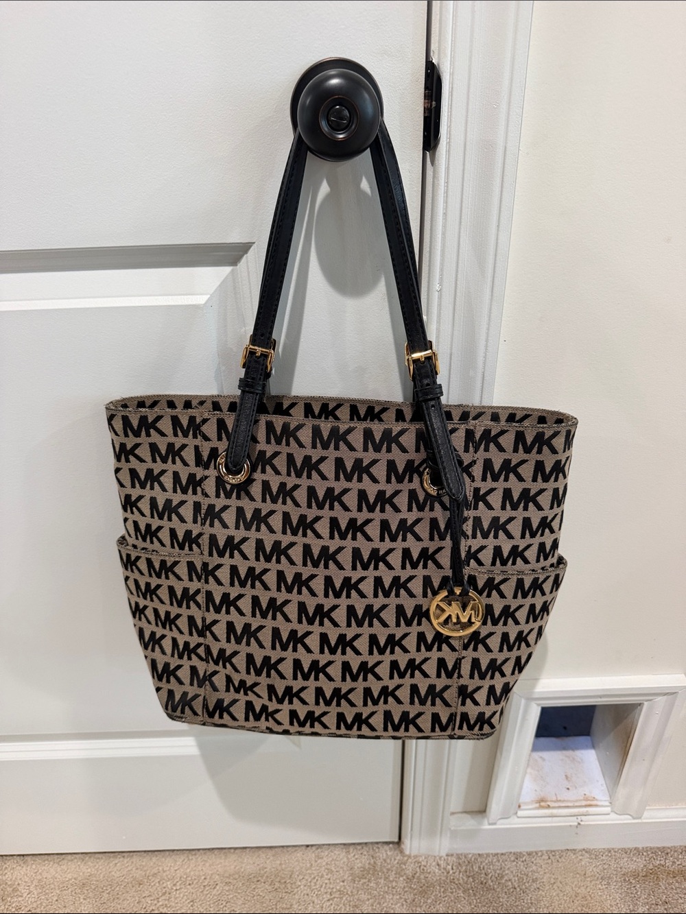 Michael Kors Black and Beige MK Logo Tote with Gold Charm